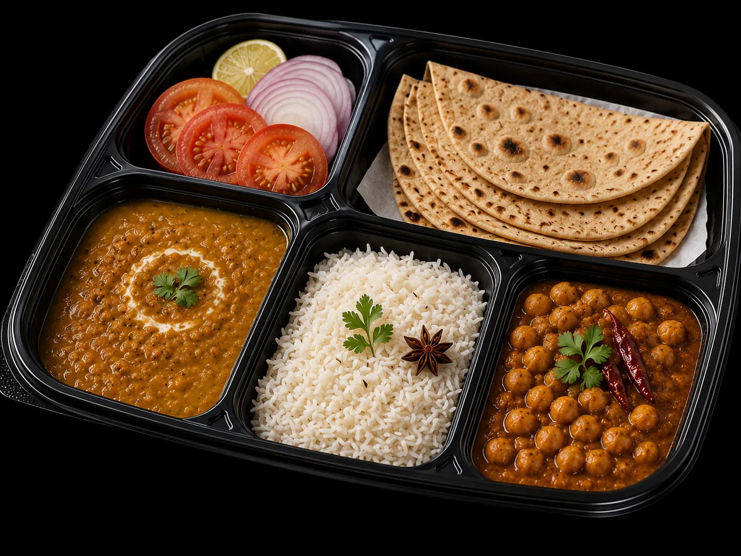 Naivedha Full Thali with sabji, four rotis, dal, rice, and salad
